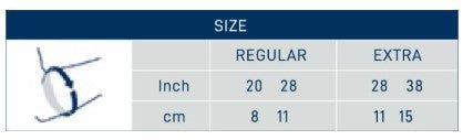 Size chart for M-Brace Epicondylitis Brace, showing regular and extra sizes in inches and centimeters.