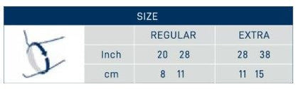 Size chart for M-Brace Epicondylitis Brace, showing regular and extra sizes in inches and centimeters.