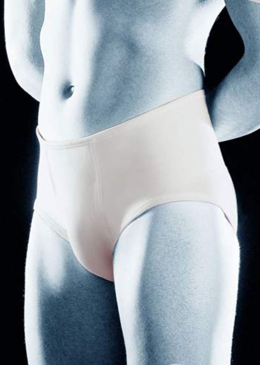 Unisex briefs for hernia support, low cut design, light grey color.