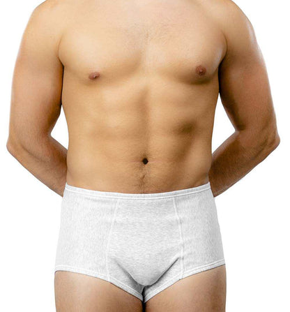 Unisex high cut briefs for hernia support, light grey, 100% cotton.