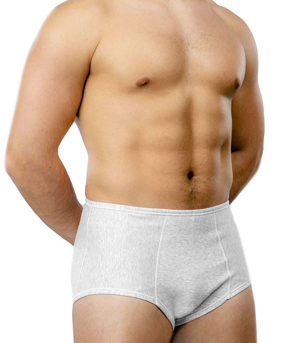 Unisex briefs in light grey providing high cut hernia support.