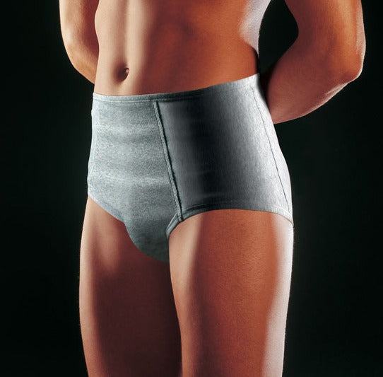 Hernia Block High Cut unisex briefs in light grey, providing support for inguinal hernias with extra pads, 100% cotton, breathable, non-allergenic.