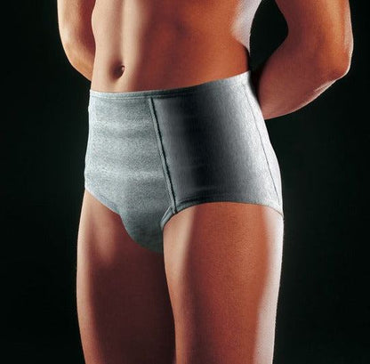 Hernia Block High Cut unisex briefs in light grey, providing support for inguinal hernias with extra pads, 100% cotton, breathable, non-allergenic.