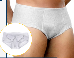 Unisex low-cut briefs in light grey for hernia support, includes extra pads.