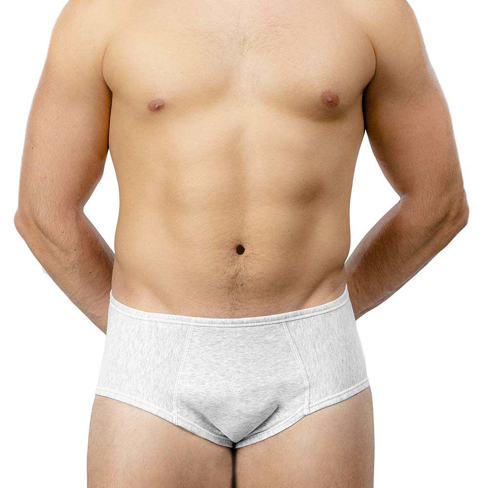 Unisex briefs for inguinal hernia support, light grey, 100% cotton, low cut design.