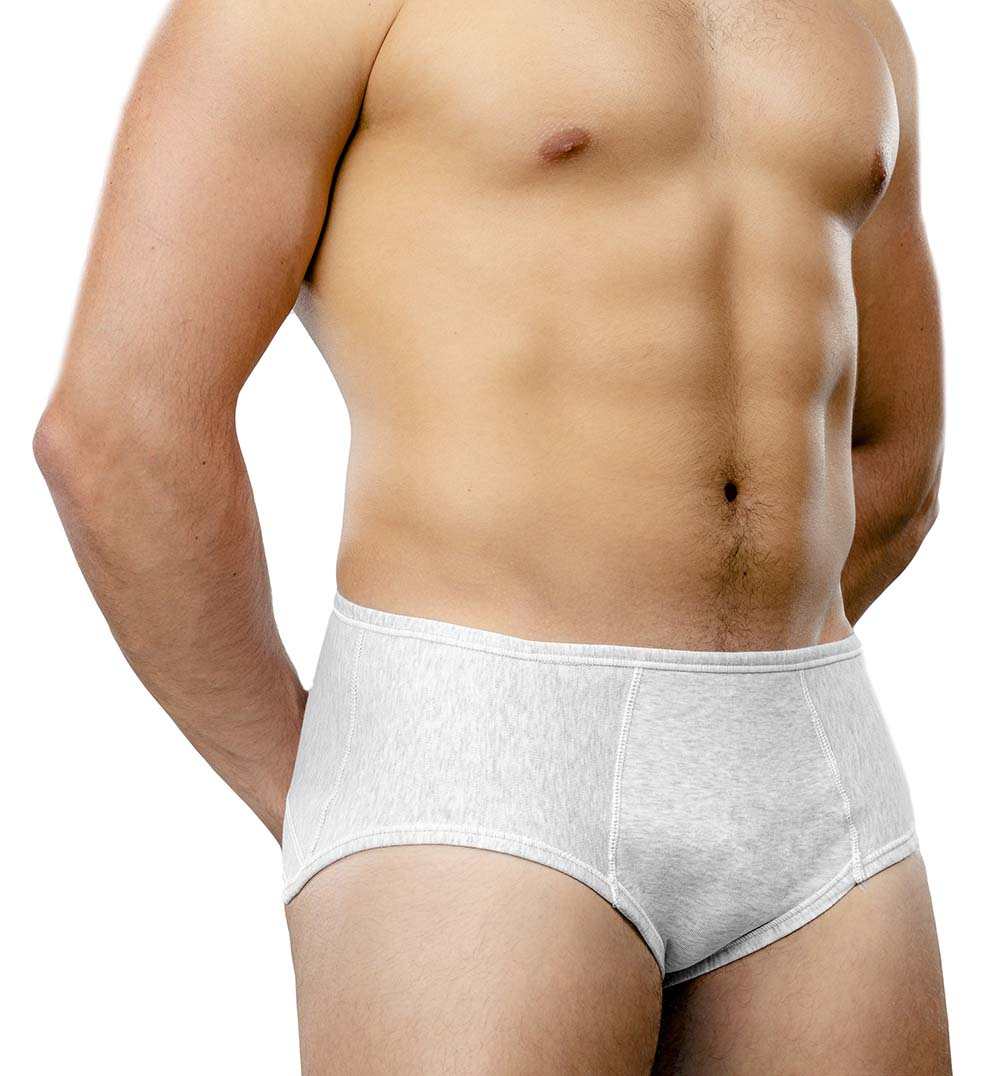 Unisex briefs offering hernia block support; low cut model in light grey.