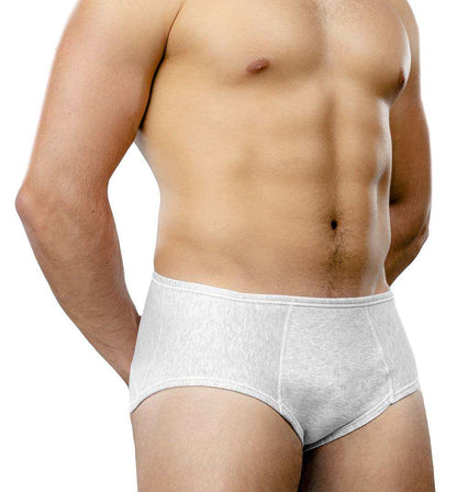 Unisex briefs offering hernia block support; low cut model in light grey.