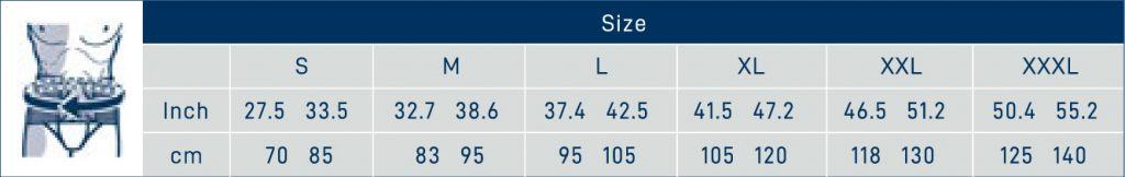 Abdominal Binder Size Chart - Inches and Centimeters (S to XXXL).