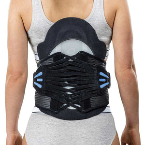 Lumbar sacral brace with back and side panels worn by a person, providing support for lumbar-sacral pain management.