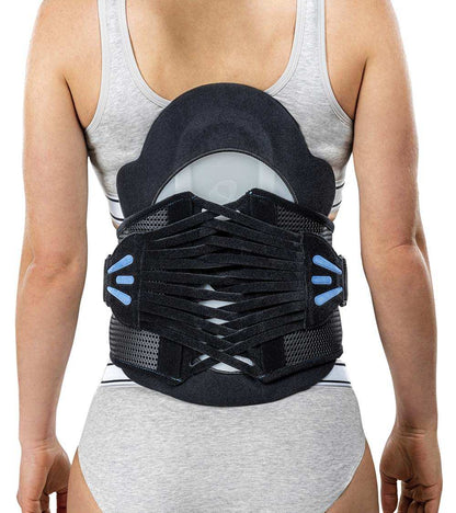 Lumbar sacral brace with back and side panels worn by a person, providing support for lumbar-sacral pain management.