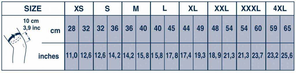 Size chart for Vega Patella Stabilizer with measurements in cm and inches.