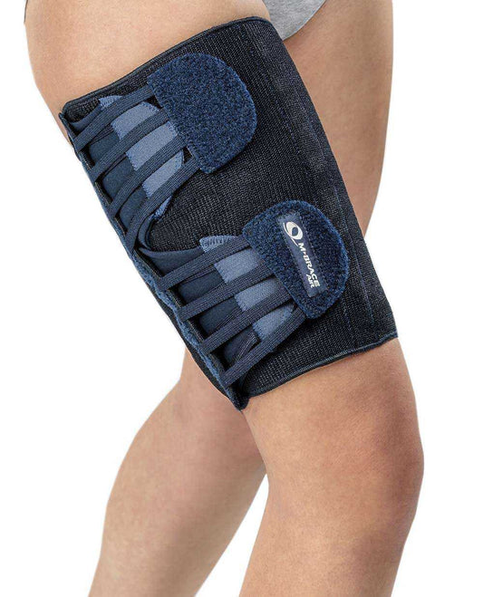M-Brace Adjustable Compression Thigh Wrap providing support and compression for muscle strains, made with breathable AIRFLEX fabric.