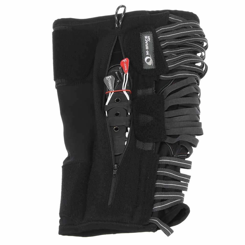 Knee stabilizer brace for joint support with adjustable aluminum rods and patella stabilizer.