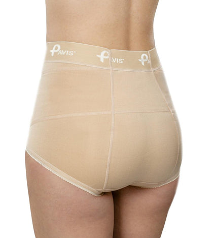 Women’s hernia underwear with left and right pads, beige, providing abdominal support.