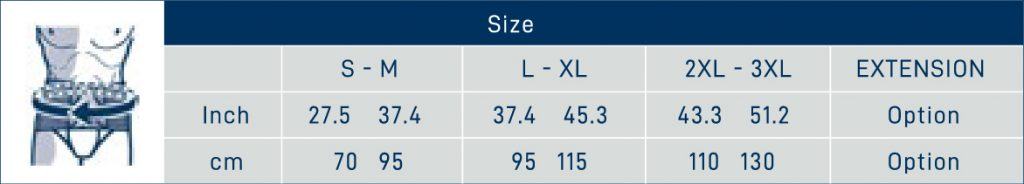 Size chart for Lumbar-Sacral pain Air LSO with 11.5-inch moldable panel displaying measurements in inches and centimeters for sizes S-M to 2XL-3XL with extension option.