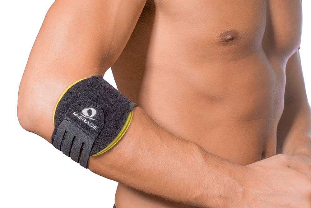 M-Brace Epicondylitis Brace worn on arm for tendon support.