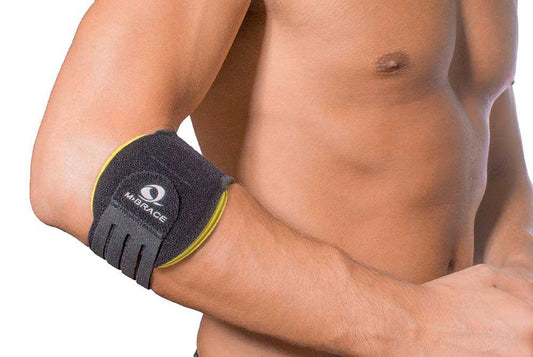 M-Brace Epicondylitis Brace worn on arm for tendon support.