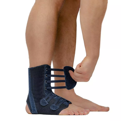 M-Brace Salto Ankle Stabilizer being applied, showcasing the secure fit and breathable fabric design.