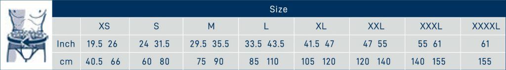 Mini M-Spine LSO size chart showing measurements in inches and centimeters for sizes XS to XXXXL.