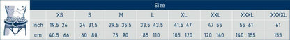 Mini M-Spine LSO size chart showing measurements in inches and centimeters for sizes XS to XXXXL.