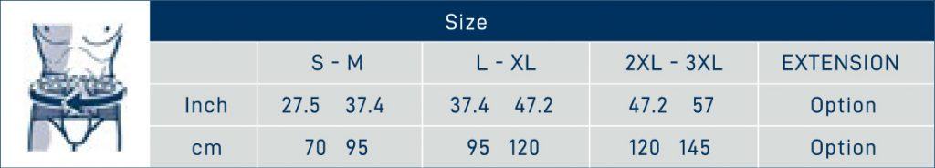 Size chart and image of a Lumbar Sacral Brace with Back Panel (#503) for different body measurements in inches and centimeters.